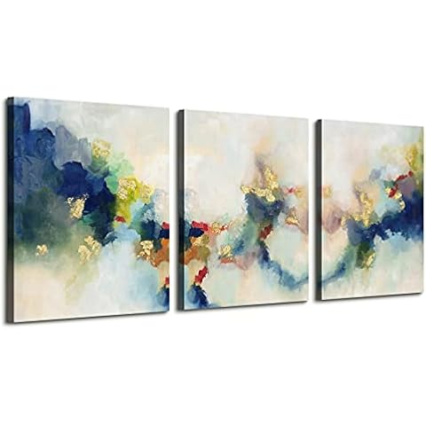 Yuegit 3 Piece Canvas Wall Art for Living Room : Bedroom Wall Art Blue Abstract with Gold Foil Accents Home Decoration,Framed Wall Art Ready to Hang 12X16 Inch Cover