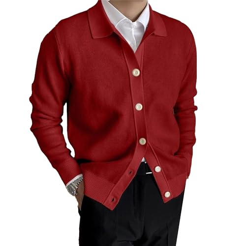 Cable Knitted Cardigan Sweater for Men Lightweight Open Front V Neck Sweaters Button Long Sleeve Solid Knitwear (Large,Red)