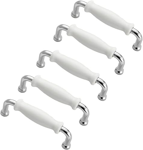 Miniatura 10 de Paquete de 5 manijas de gabinete de aleación de zinc, orificios centrales de 5 pulgadas (5.039 in) de cerámica blanca, tiradores de cajones para