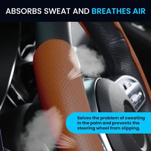 Image of KINGSWAY Premium PU Leatherette Tan Steering Wheel Grip Cover for All Cars - Universal Size Safe, Non-Slip and Stylish Car Interior Decoration Accessories, Set of 2 Pieces