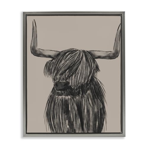'Longhorn Highland Cattle Charcoal Line'| Floating Frame Canvas Art