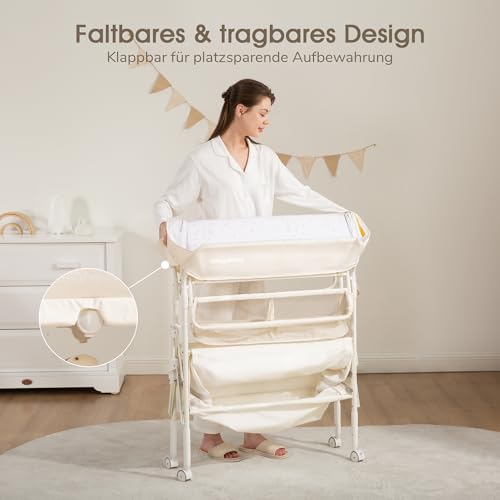 Maydolly Tragbarer Wickeltisch für Babys, Multifunktionaler Faltbarer Wickeltisch, Höhenverstellbar mit Rädern und 2 Aufbewahrungskörben, Wasserdichtes Sitzkissen zum Wickeln, Beige