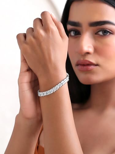Image of Yellow Chimes Women's Fashion Leaf Shaped Silver Tone White Swiss Zircon Crystal Bracelets Valentine Gift for Girls