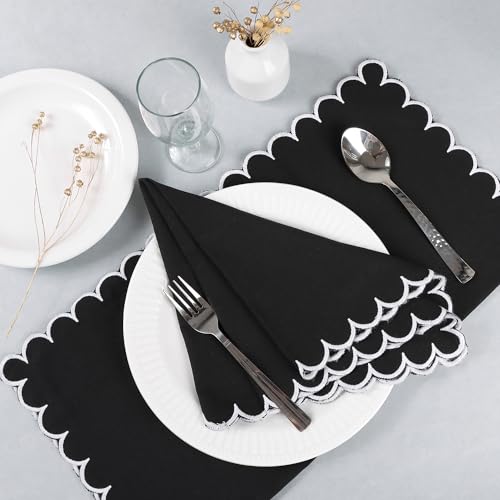 Image of FINGERCRAFT Scallop Edge Cloth Napkins | Set of 6 | 20x20 Inches | 100% Cotton | Table Napkins for Any Occasion | Washable, Perfect for Parties and Everyday Use (Black Matty, Set of 6)
