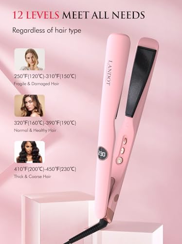 LANDOT Flat Iron Hair Straightener and Curler 2-in-1, Twist Ceramic Straightening Curling Iron for Smooth Straight & Bouncy Curls, Dual Voltage, Temp 250-450°F All Hair Types, Blush Pink, 1 inch — view 3