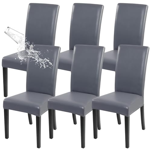 Image of SearchI Waterproof PU Leather Dining Chair Covers Stretch, Set of 6, Gray