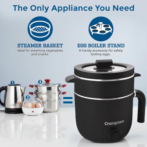 Image of Crompton InstaNourish Pro 1.2L Multi Purpose Electric Kettle with Steamer | 600W | Cool Touch Body | Egg Boiler Stand | Auto Shut-Off | Dry Boil Protection | Black
