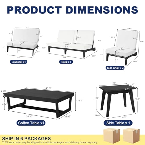 Image of Pia Ricoo 6-Piece Patio Furniture Set, Outdoor Sectional Sofa with Loveseat, 2 Chairs, Coffee Table & Side Table, All-Weather Conversation Set for Backyard /Deck /Lawn - Beige /Dark