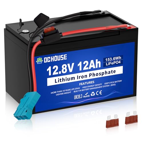 DCHOUSE 12V 12Ah Ride On Toys LiFePO4 Lithium Battery Kit with Wire Harness Connector & DC Port, 5000+ Cycles Rechargeable Battery with 15A BMS for Power Wheels, Kayak, Fish Finder, Mobility Scooter