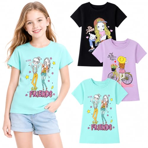 Image of HILEELANG Girl Short Sleeve Tee Shirts Cotton Casual Summer Graphic Tops T-Shirts Multipack