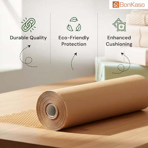 Image of BonKaso Honeycomb Paper Wrap Roll 100M x 15 Inch | 80 GSM Eco-Friendly Brown Packaging Roll | Cushioning & Shockproof Wrap for Fragile Items | Sustainable Packing Material for Shipping