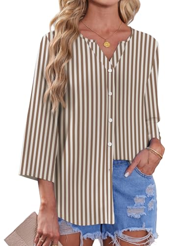 Image of OFEEFAN Button Down Shirts for Women 3 /4 Length Sleeve Tops V Neck Blouses Business Casual Outfits Loose Fit