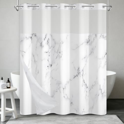Grey White Marble Shower Curtain with Snap in Liner Abstract Modern Luxury Bathroom Curtains Hotel Style Waterproof Fabric No Hook Shower Curtain with Mesh Top Window Weighted Hem 71x74 Inch