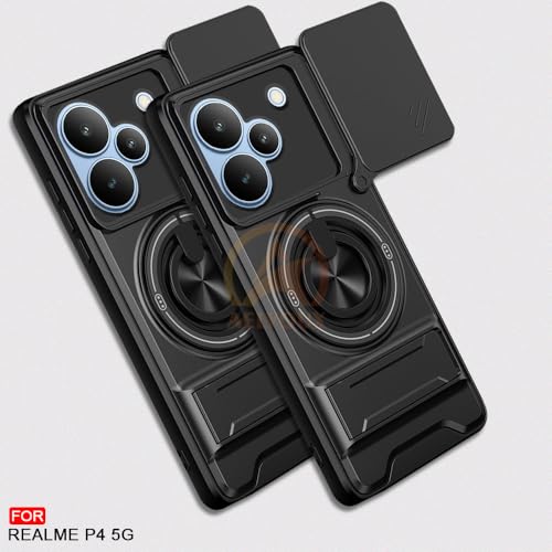 Image of Realme P4 5G Back Cover | Armor Camera Slider 360 Degree Rotating Finger Ring Holder Case with Bracket Stand Back Case Cover (Compatible with MagSafe Accessories) (Black)