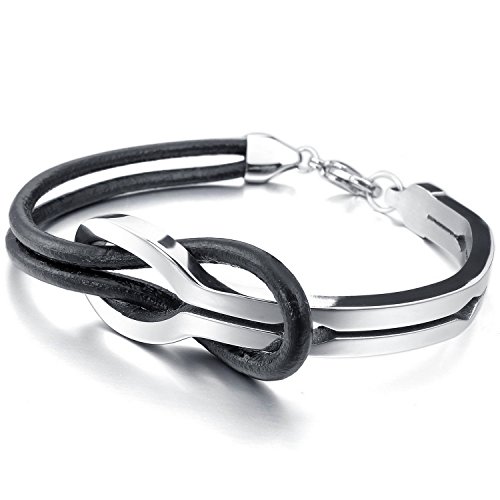 Preisvergleich Produktbild MENDINO Armband für Herren Damen Edelstahl Leder Armband Unendlichkeit Liebe Symbol Schwarz Silber