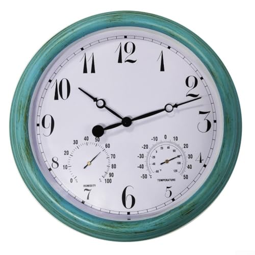 Orologio da parete per esterni, resistente alle intemperie, 38,1 cm, con indicatore di temperatura e umidità, design in plastica, per terrazze e giardini