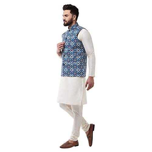 Image of SOJANYA (Since 1958, Men's Silk Blend Pink Kurta Pyjama & Printed Nehrujacket Combo