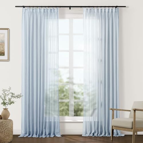Image of TWOPAGES Baby Blue Pinch Pleated Sheer Curtains, 84 inch W x 102 inch L, 2 Panels