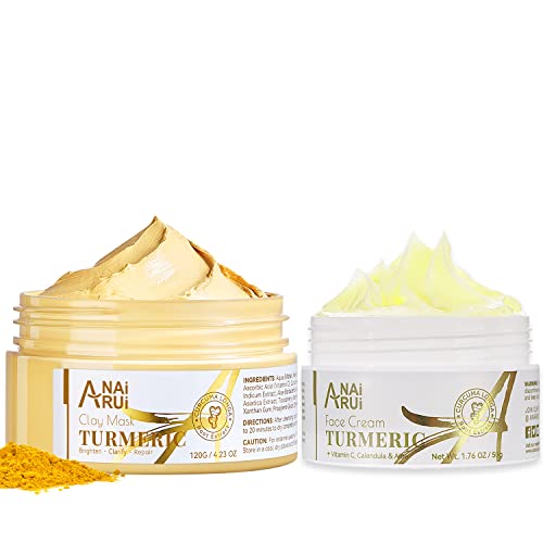 ANAI RUI Turmeric Facial Skincare with Turmeric Vitamin C Clay Mask for Radiant Skin+Turmeric Moisturizing Face Cream for Smooth Skin