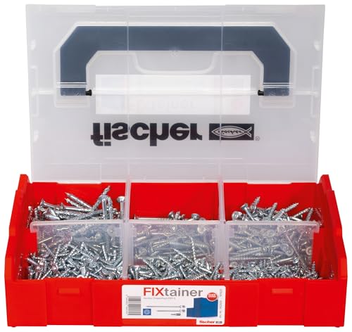 fischer FixTainer PowerFast II Spanplattenschraube, vorsortierte Sortimentsbox mit 700 Schrauben und 2 Bits, Senkkopf, Teilgewinde, Vollgewinde und TX-Antrieb, universelles Set zur Befestigung