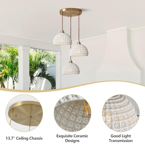 Image of 3 Light Vintage White Ceramic Pendant Lights Mid Century Modern Brass Ceiling Light Fixture Minimalist Dome Pendant Light for Kitchen Island Bedside Living Room