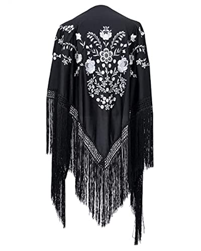 AMINA Medium Peak Shawl Triangular Flamingo or Sevillanas (170 x 70 cm) Black Embroidered White