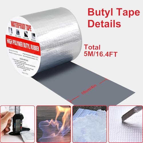 wordmouk 10cm x 5m Butyl Tape Waterproof Sealing Tape Aluminum Foil Tape Sealan Tape Repair Tape for Room Leaks Window Silicone and Pipe Sealing Glass and Rubber Roof Crack Patching Silver - Image 2