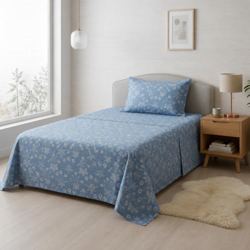 Image of Linen Home Cotton Percale Flat Bedsheet Set Single Size Floral Blue