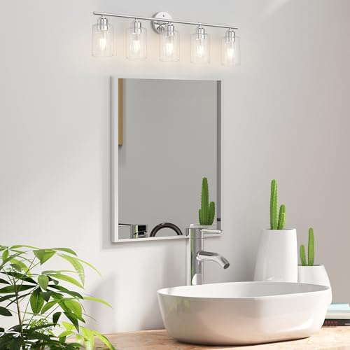 Image of Bathroom Vanity Light Fixtures Polished Chrome Bathroom Lighting Fixture, 5 Lights Bathroom Light Fixture Over Mirror, Modern Black Vanity Light, Wall Sconces with Glass Shades