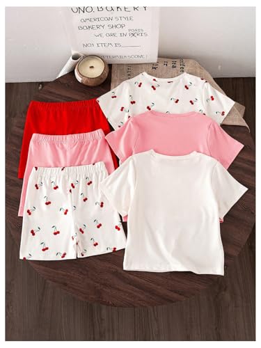 OYOANGLE Toddler Girl's Summer Clothes Set 3 Pack Short Sleeve Tshirt and Shorts Cherry Print Outfits White Pink 5Y