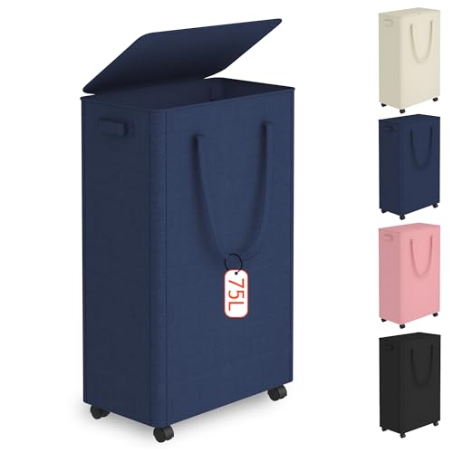 Image of Slim Laundry Hamper with Wheels,20 Gal (75L) Rolling Laundry Basket with lid and wheels Clothes Hamper Foldable Tall Dirty Clothes Basket Sturdy Collapsible Clothes Hamper for Dorm,Laundry Room