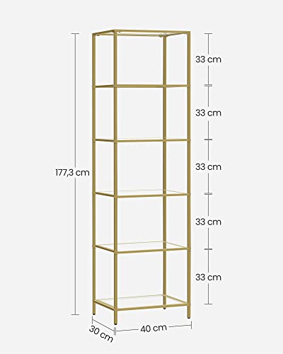VASAGLE Regal mit 6 Ablagen, Badregal, gehärtetes Glas, einfache Montage, für Badezimmer, Wohnzimmer, Küche, Büro, transparent-metallisches Gold LGT500A01