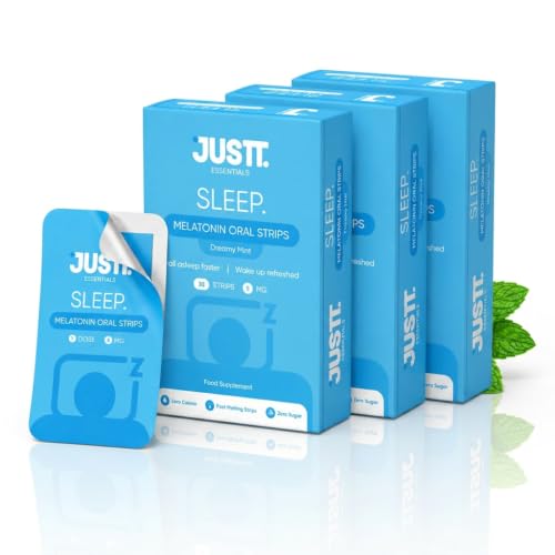 Image of JUSTT ESSENTIALS Sleep Melatonin Oral Strips (Pack of 3) | Melts Into Restful Sleep | Dreamy Mint Flavour | 5mg | Bedtime Wellness | Vegan Sugar Free | 90 Strips