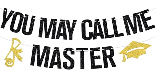You May Call Me Master Banner Mastered It Congrats Grad/Finally Done Happy Masters Degree Graduation Party Decorations Supplies Black Glitter