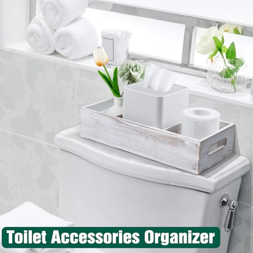 14 Inch Farmhouse White Bathroom Basket with Removable Dividers - 3 Comparments Wood Toilet Paper Basket for Back of Toilet Tank Topper - White Storage Organizer for Bathroom Pantry Organization by dreamkey - Image 2