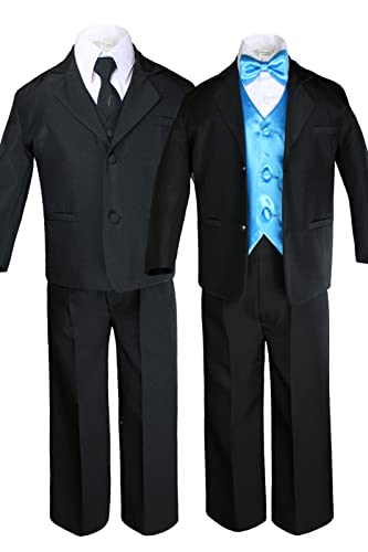 7pc Boys Black Suit with Satin Turquoise Vest Set (S-20) (M:(6-12 months))