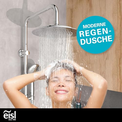 EISL DX12009 Duschset zum Kleben, Duschgarnitur mit Regendusche, Duschstange ohne Bohren, Duschsystem ohne Armatur, Duscharmatur mit Regenwalddusche und Handbrause mit 3 Strahlarten, Chrom