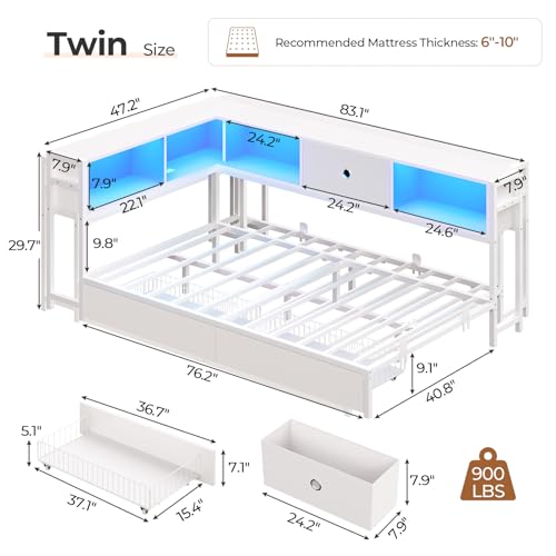 Image of Hasuit Corner Twin Bed Frame with Storage Drawers and Bookcase Headboard, Twin Size Metal Platform Corner Bed Frame with Charging Station and LED Lights, Twin Daybed for Kids Teens Guests, White