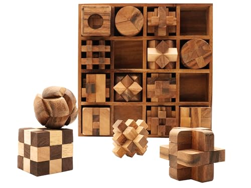 BSIRI 16 in 1 Brain Teaser Games for Adults Cube Puzzles Mind Teasers Toy Challenging Brain Game Toys Office Table Decor for Adults and Kids Wooden Puzzle Box Set - Thumbnail 2