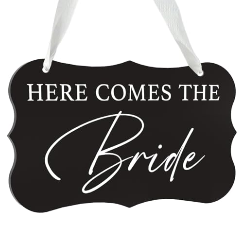 Wedding Acrylic Decor Sign Bridal Shower Decoration Here Comes The Bride Decorations Acrylic Seat Sign Hanging with Ribbon for Wedding Reception Ceremony Seating and Church Chair Decor (Black)