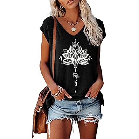 MAGICMK Women's Cap Sleeve Tank Tops V Neck Solid Print Casual Short Sleeve Loose Basic Shirt Flower Cover