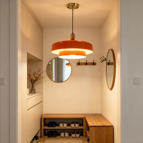 Image of Mid Century Orange Hanging Pendant Light, 2‑Tier Metal Hanging Lamp