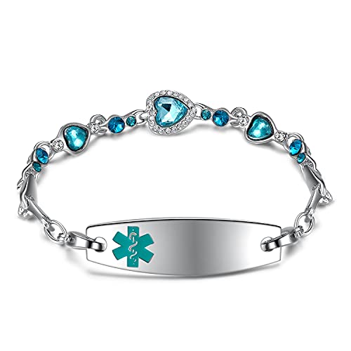 Medical Alert Bracelets for Women with Love Heart Rock Crystal | Customize Medical Bracelets for Women & Girls | Medical ID Bracelets for Women | Stainless Steel Lobster Claw Adjustable Bracelet
