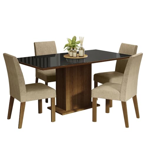 Image of Madesa 4 Seater Dining Set Rectangular Glass Table Top Sturdy Wooden with Fully Cushioned Seats 160 Cm for Dining Room and Kitchen - Brown /Gray /Beige