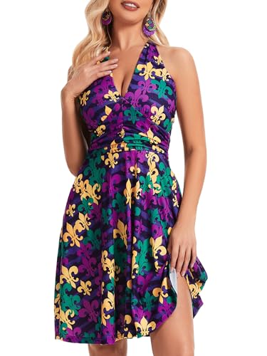 Image of Women's Festival Dress- Halter V Neck Sleeveless Ruffle Mini Dresses with Pocket