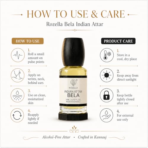 Image of ROZELLA Bela Mogra Authentic Attar for Men and Women | Floral Aroma Concentrated Perfume Oil | Traditional Fragrance Blend | Non Alcoholic Long Lasting Scent Roll On Perfume Attar | 3 ml