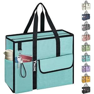 BALEINE Large Utility Tote Bag with Reinforced Bottom, Multi Pockets Foldable Tote Bag for Nurse, Travel, Work Large Blue