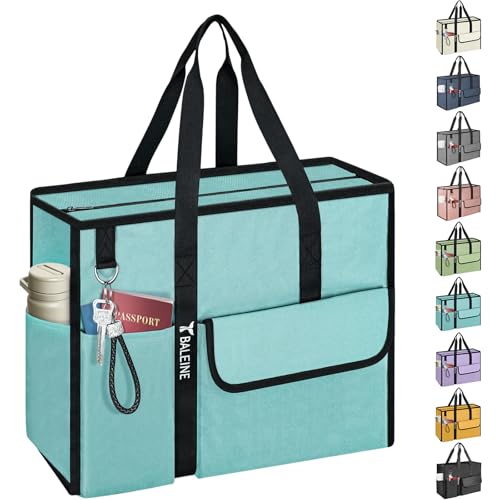 BALEINE Large Utility Tote Bag with Reinforced Bottom, Multi Pockets Foldable Tote Bag for Nurse, Travel, Work Large Blue