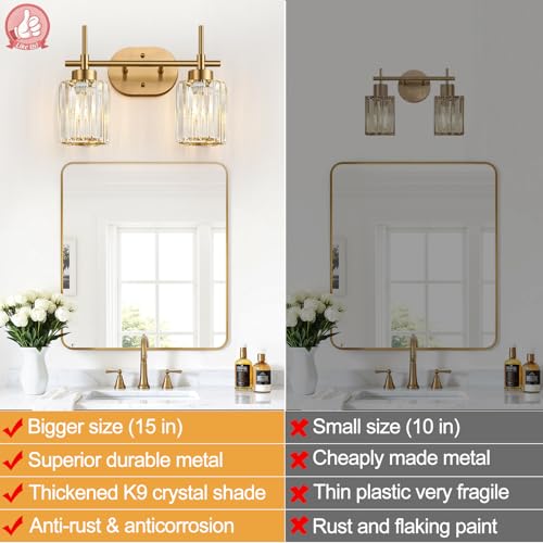 Image of Modern Crystal Bathroom Vanity Light, 2-Light Brushed Gold Bathroom Light Fixtures with Clear Shades, Vanity Lighting Fixtures Over Mirror (Exclude Bulb)
