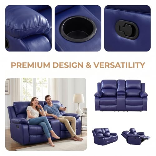 Image of Leather Power Recliner Sofa Set, 2 Piece Leather Recliner Couch Sets with Cup Holders, Storage Console, Sectional Sofa with USB Charging Port for Home Theater, Living Room, Office, Blue